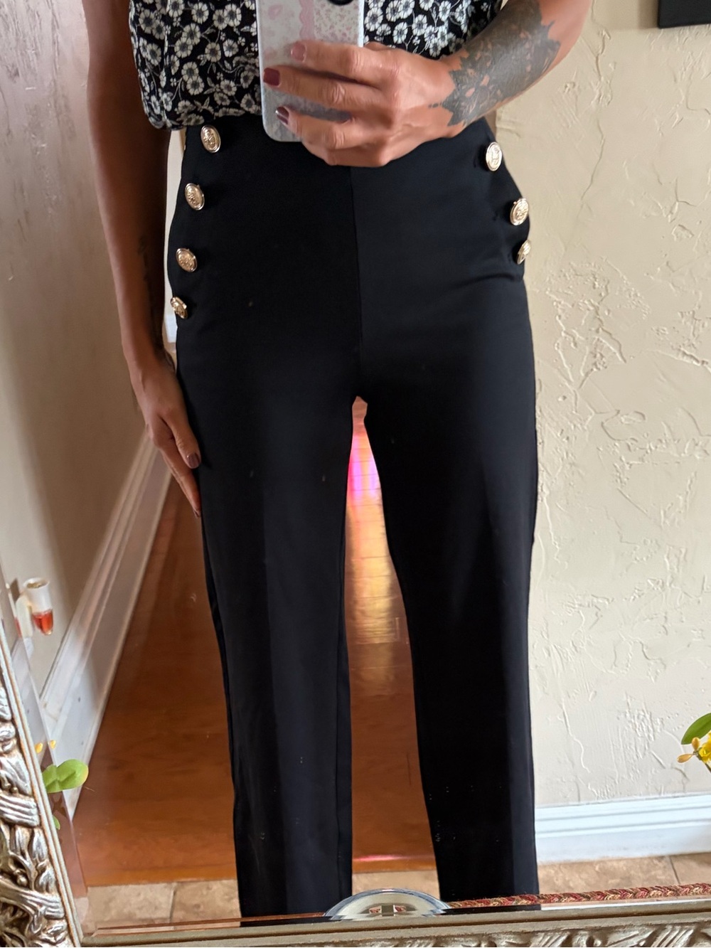 Ann Taylor Black Wide Leg Sailor-Style Pants with Gold Buttons